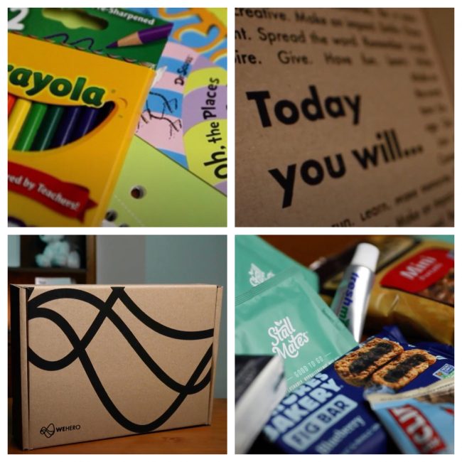 4 picture collage. Art supplies, brown shipment box, "Today you will" quote, food supplies.